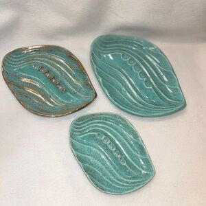 Vtg Rare Mid Century Ceramic Ashtrays (3) Calif Orig 902 USA Atomic Teal Green